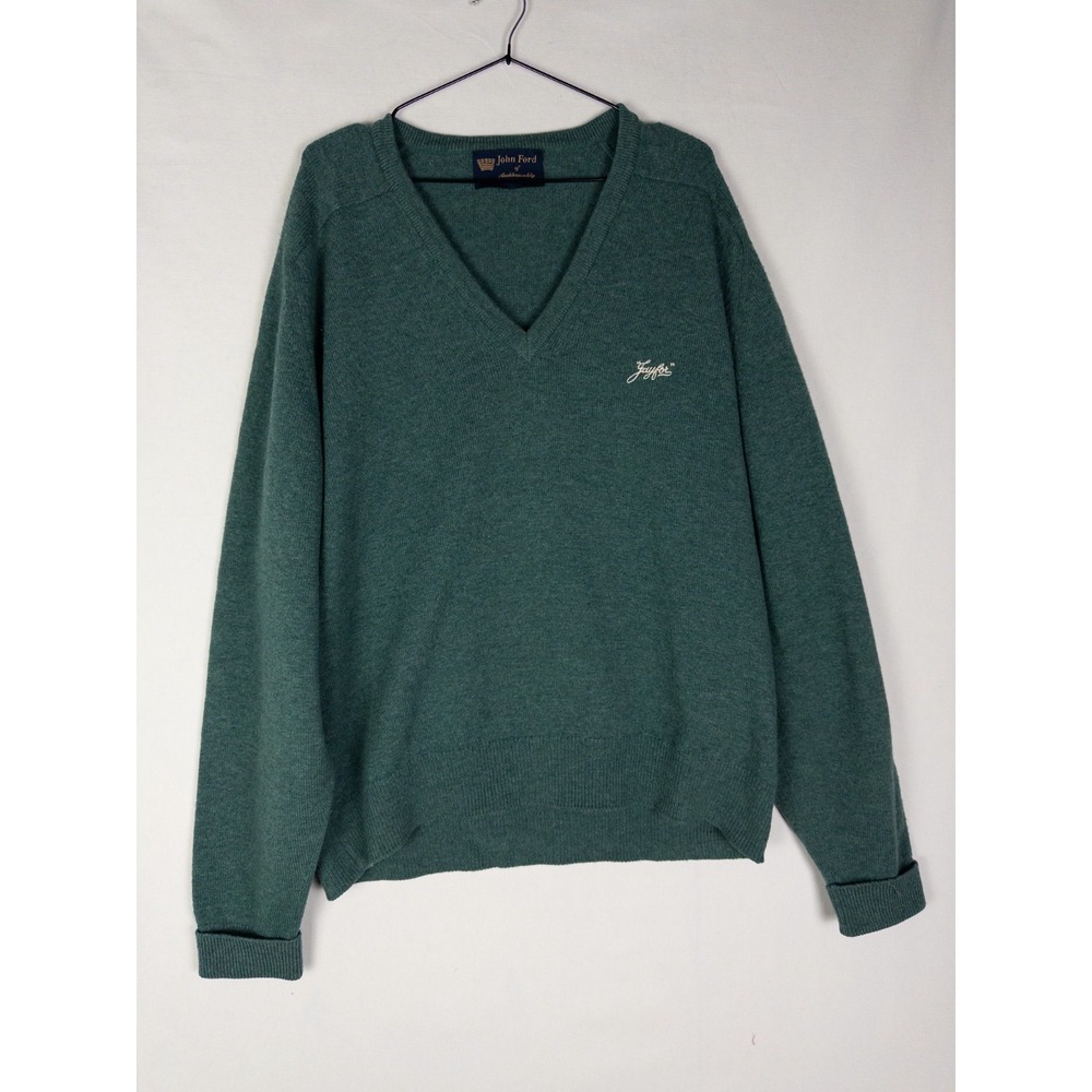 John Ford Scotland 100% Lambswool‎ Sweater Mens XL Green Pullover V Neck Knit